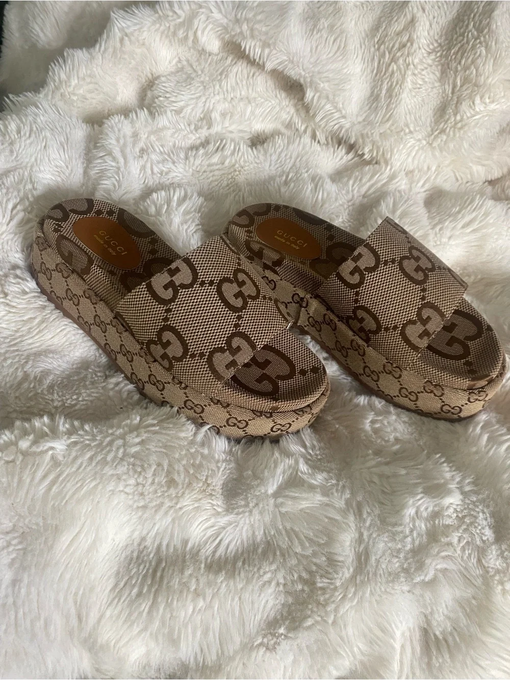 Gucci Brown Beige GG Canvas Platform Slide Sandals